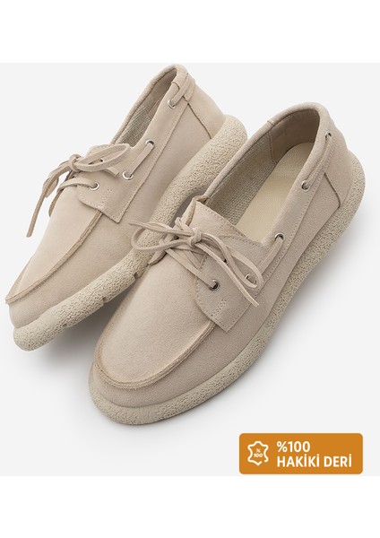 Kadın Hakiki Deri Bağlamalı Loafer Günlük Ayakkabı Enita Bej Süet