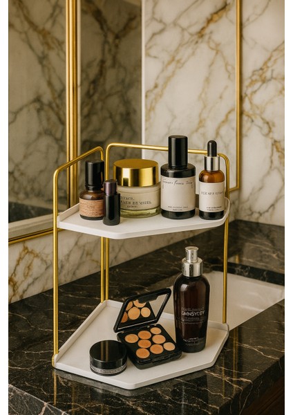 Dekoratif 2 Katlı Raf | Çok Amaçlı Organizer Paslanmaz Çelik & Ahşap Stand