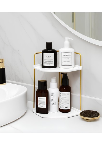 Dekoratif 2 Katlı Raf | Çok Amaçlı Organizer Paslanmaz Çelik & Ahşap Stand