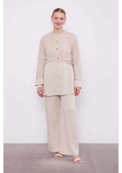 Taş Dantel Detaylı Üçlü Tunik Takım