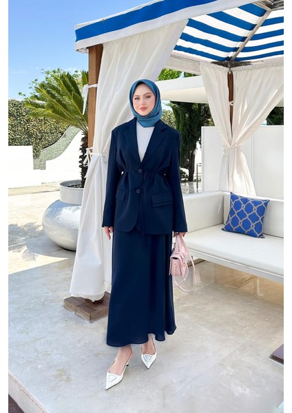 Lacivert Belden Ip Bağcıklı Etek Takım