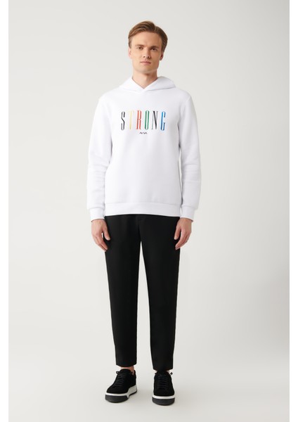 Erkek Beyaz Sweatshirt Kapüşonlu Yaka 3 Iplik Şardonlu Nakışlı Regular Fit A32y1380