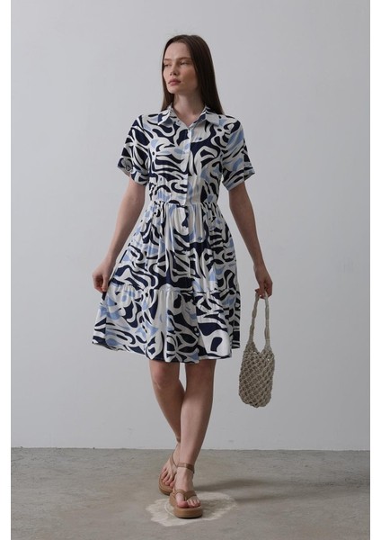 Baskılı Keten Elbise - Lacivert fiyatları