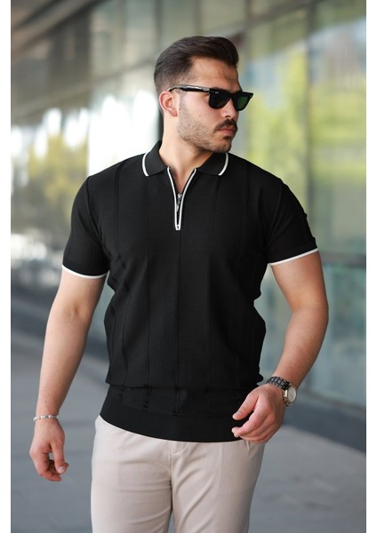 Erkek Dikey Kabartmalı Örgü Dokulu Fermuar Yakalı Tişört