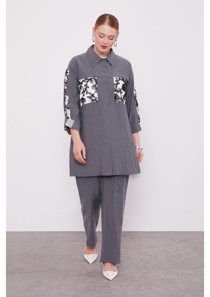 Gri File Cep Detaylı Üçlü Tunik Takım