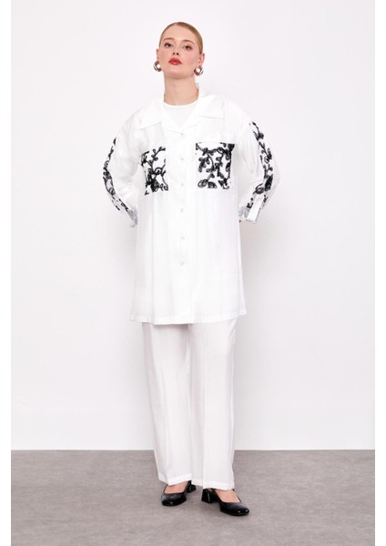 Beyaz File Cep Detaylı Üçlü Tunik Takım