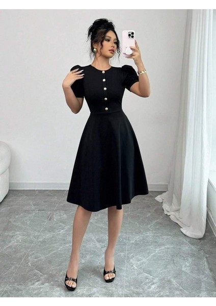 Kadın Kısa Kollu Bisiklet Yaka Önden Düğmeli Ithal Krep Elbise fiyatları