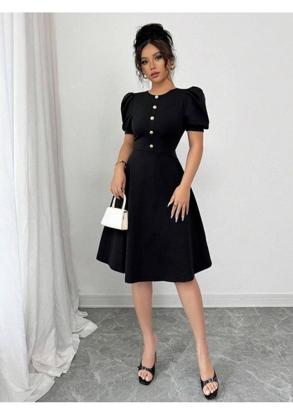 Kadın Kısa Kollu Bisiklet Yaka Önden Düğmeli Ithal Krep Elbise modelleri