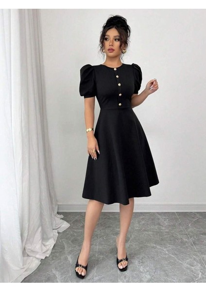 Kadın Kısa Kollu Bisiklet Yaka Önden Düğmeli Ithal Krep Elbise indirimleri