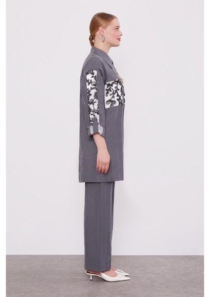 Gri File Cep Detaylı Üçlü Tunik Takım fiyatları