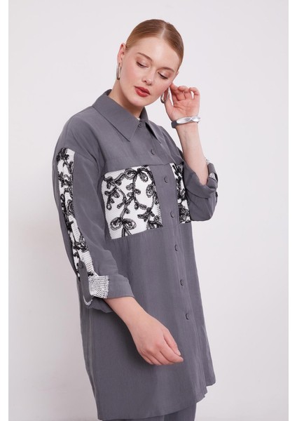 Gri File Cep Detaylı Üçlü Tunik Takım modelleri