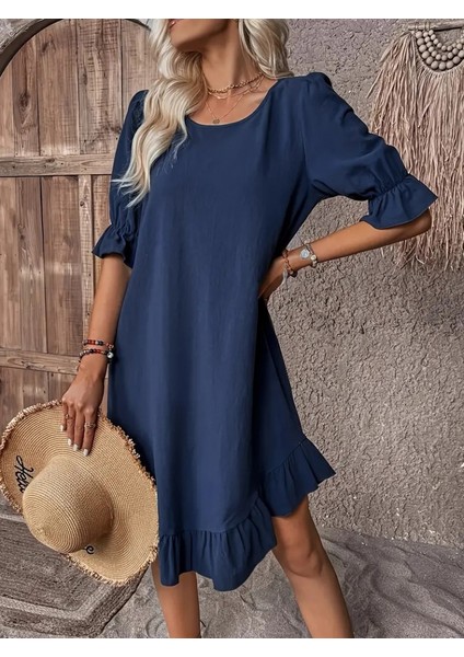 Kadın Kısa Kollu Kol ve Eteği Volanlı Bisiklet Yaka Aerobin Elbise fırsatları