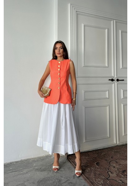 Jakar Keten Yelek Belden Oturtmalı Gold Düğmeli - Orange