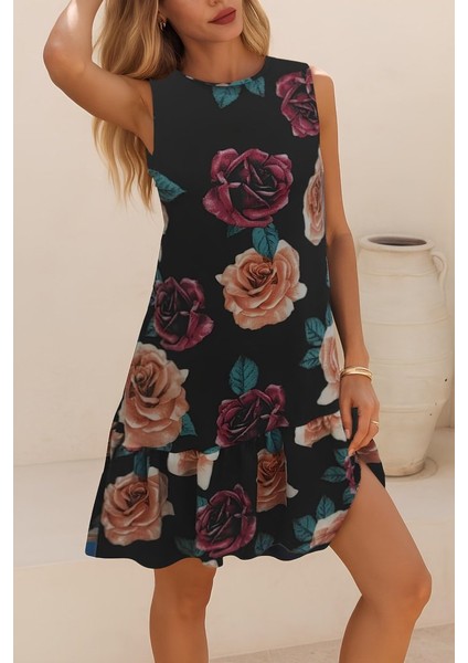 Kadın Kolsuz Sırttan Bağlamalı Fırfırlı Leopar Desenli Süprem Elbise modelleri