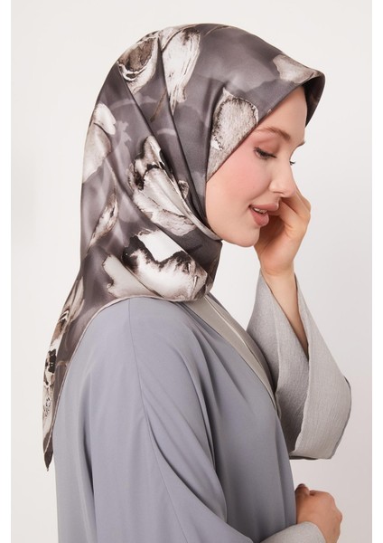 A.kahve Lotus Çiçek Twill Ipek Eşarp