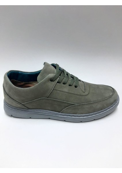 Hakiki Deri Bağcıklı Haki Rengi Esnek Rahat Nubuk Yazlık Erkek Ayakkabı C-920096VLC