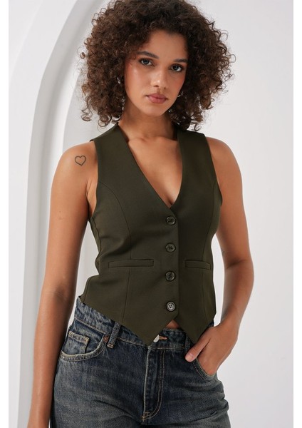 6796 Kısa Dokuma Yelek - Haki