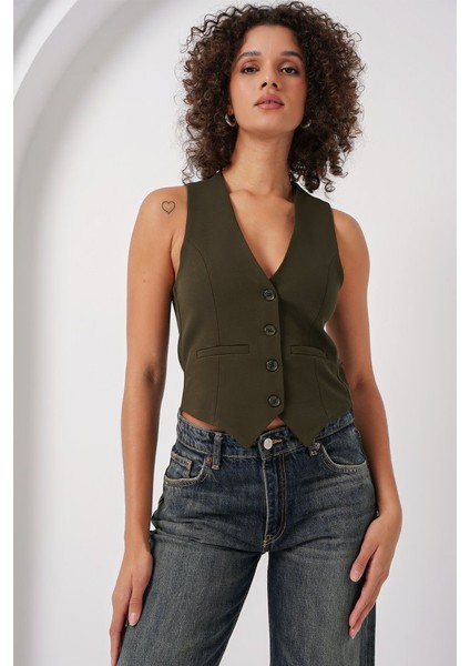 6796 Kısa Dokuma Yelek - Haki fiyatları