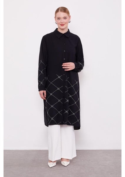 Siyah Baklava Desen Taş Baskılı Tunik