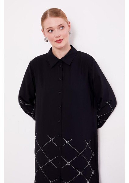 Siyah Baklava Desen Taş Baskılı Tunik modelleri