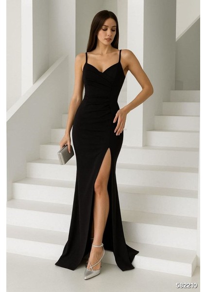 Kadın Dalgıç Kumaş V Yaka Yırtmaç Detaylı Maxi Boy Elbise