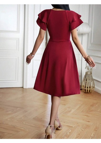 Kadın Kısa Fırfır Kollu Kruvaze Yakalı Kiloş Janjan Krep Elbise modelleri