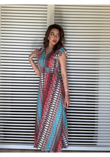 Kadın Kısa Kollu V Yakalı Desenli Yandan Yırtmaçlı Süprem Elbise