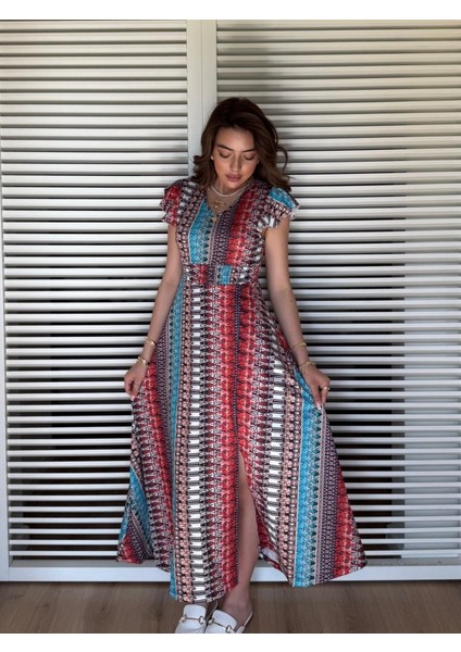 Kadın Kısa Kollu V Yakalı Desenli Yandan Yırtmaçlı Süprem Elbise modelleri