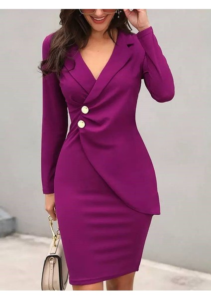 Kadın Ceket Yaka Düğme Detaylı Atlas Kumaş Elbise fiyatları