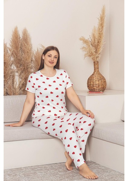 Kadın Kısa Kol Uzun Alt Kalp Desenli Battal Pijama Takımı