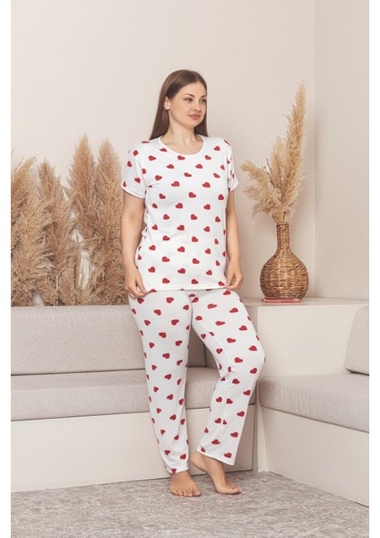 Kadın Kısa Kol Uzun Alt Kalp Desenli Battal Pijama Takımı fiyatları