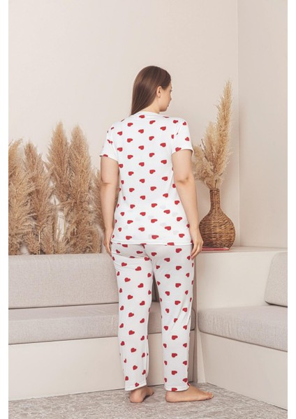 Kadın Kısa Kol Uzun Alt Kalp Desenli Battal Pijama Takımı modelleri