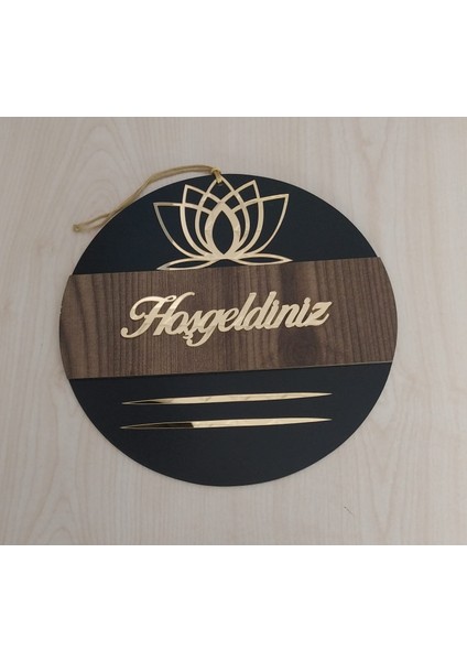 Lotus Desenli Hoşgeldiniz Yazılı Aynalı Pleksi Ahşap Kapı Süsü