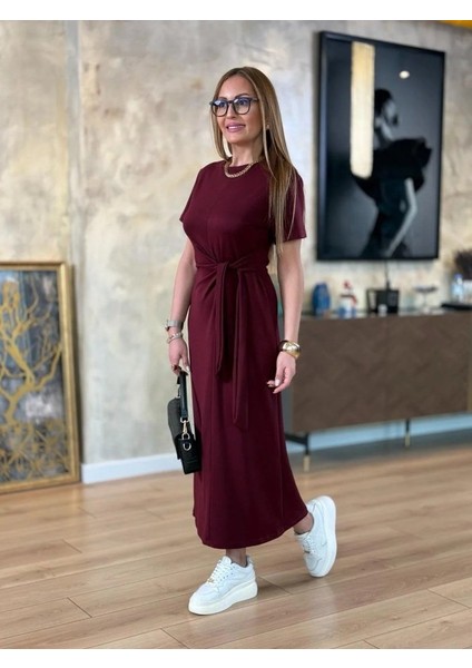 Kadın Kısa Kollu Bisiklet Yaka Yandan Bağlamalı Viskon Iki Iplik Elbise fiyatları