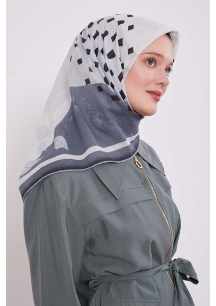 Gri Yaprak Desen Pamuk Eşarp