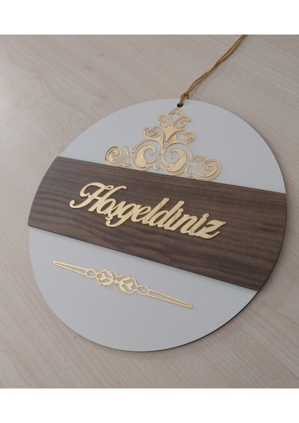Desenli Hoşgeldiniz Yazılı Aynalı Pleksi Ahşap Kapı Süsü