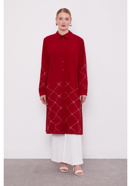 Bordo Baklava Desen Taş Baskılı Tunik