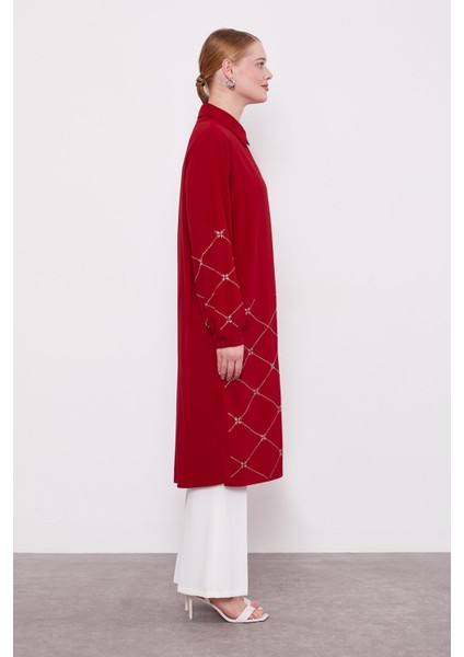 Bordo Baklava Desen Taş Baskılı Tunik fiyatları