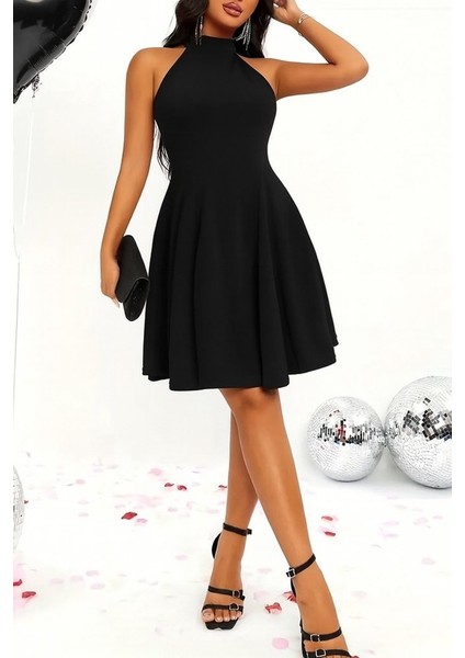 Kadın Omuzlardan Açık Daire Yakalı Janjan Krep Elbise