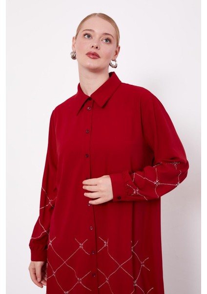 Bordo Baklava Desen Taş Baskılı Tunik modelleri