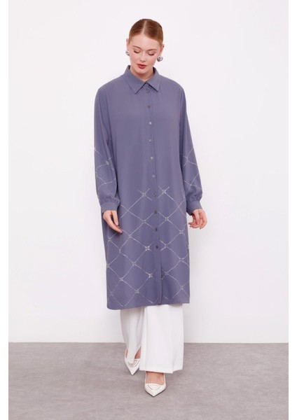 Antrasit Baklava Desen Taş Baskılı Tunik