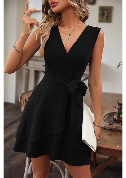 Kadın Kolsuz Kruvaze Yakalı Belden Kuşaklı Janjan Krep Elbise indirimleri