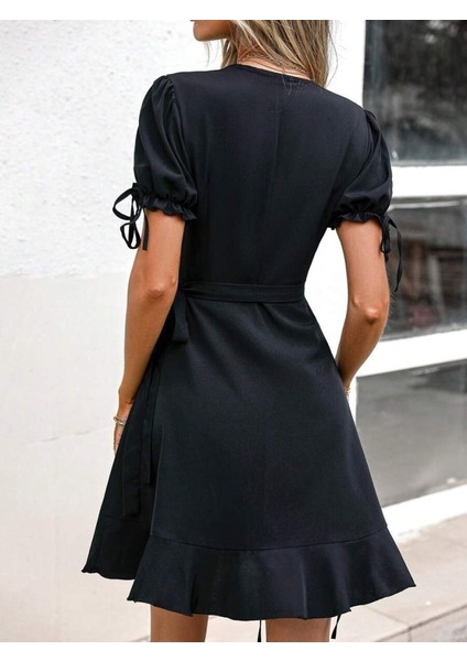 Kadın Kısa Kollu Kruvaze Yakalı Yandan Bağlamalı Janjan Krep Elbise indirimleri