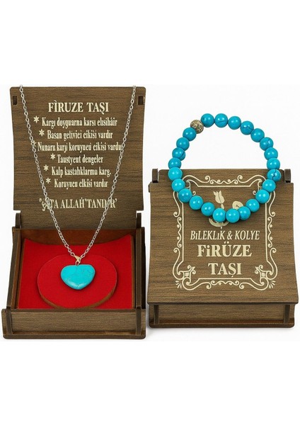 Özel Kutulu Firuze Taşı Kolye Bileklik Set Doğaltaş Kolye Künye
