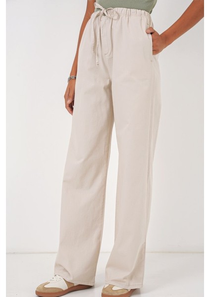 6690 Bol Paça Yüksek Bel Pantolon - Krem fiyatları