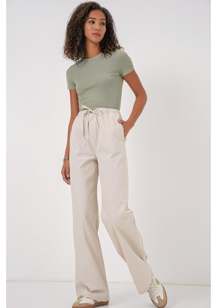 6690 Bol Paça Yüksek Bel Pantolon - Krem modelleri