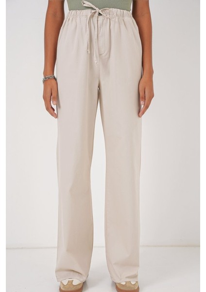 6690 Bol Paça Yüksek Bel Pantolon - Krem fırsatları