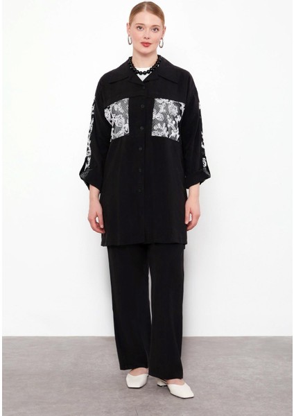 Siyah File Cep Detaylı Üçlü Tunik Takım