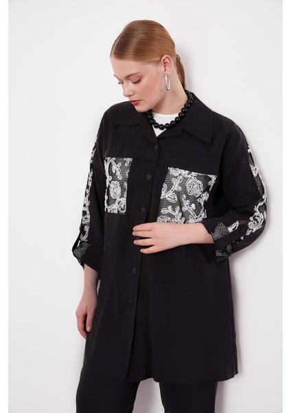 Siyah File Cep Detaylı Üçlü Tunik Takım modelleri