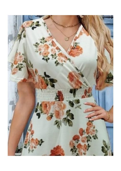 Kadın Kısa Kollu Kruvaze Yakalı Desenli Süprem Kısa Elbise fiyatları